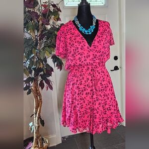 Francesca's Blue Rain Pink Floral Print Ruffle Mini Dress - Size M - Lightweight